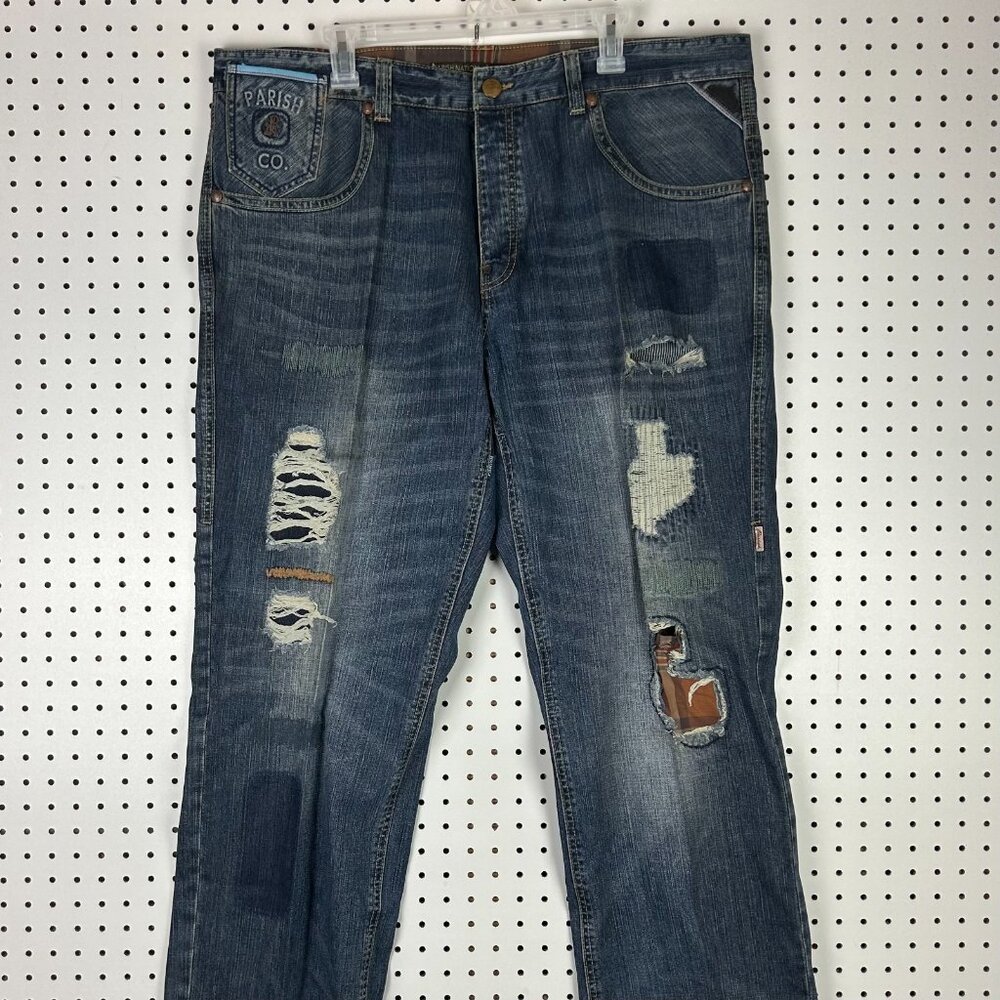 Parish Nation Y2K Blue Jeans 42x34 Distressed Worn Upcycled Skater Grunge Dark - Picture 2 of 9